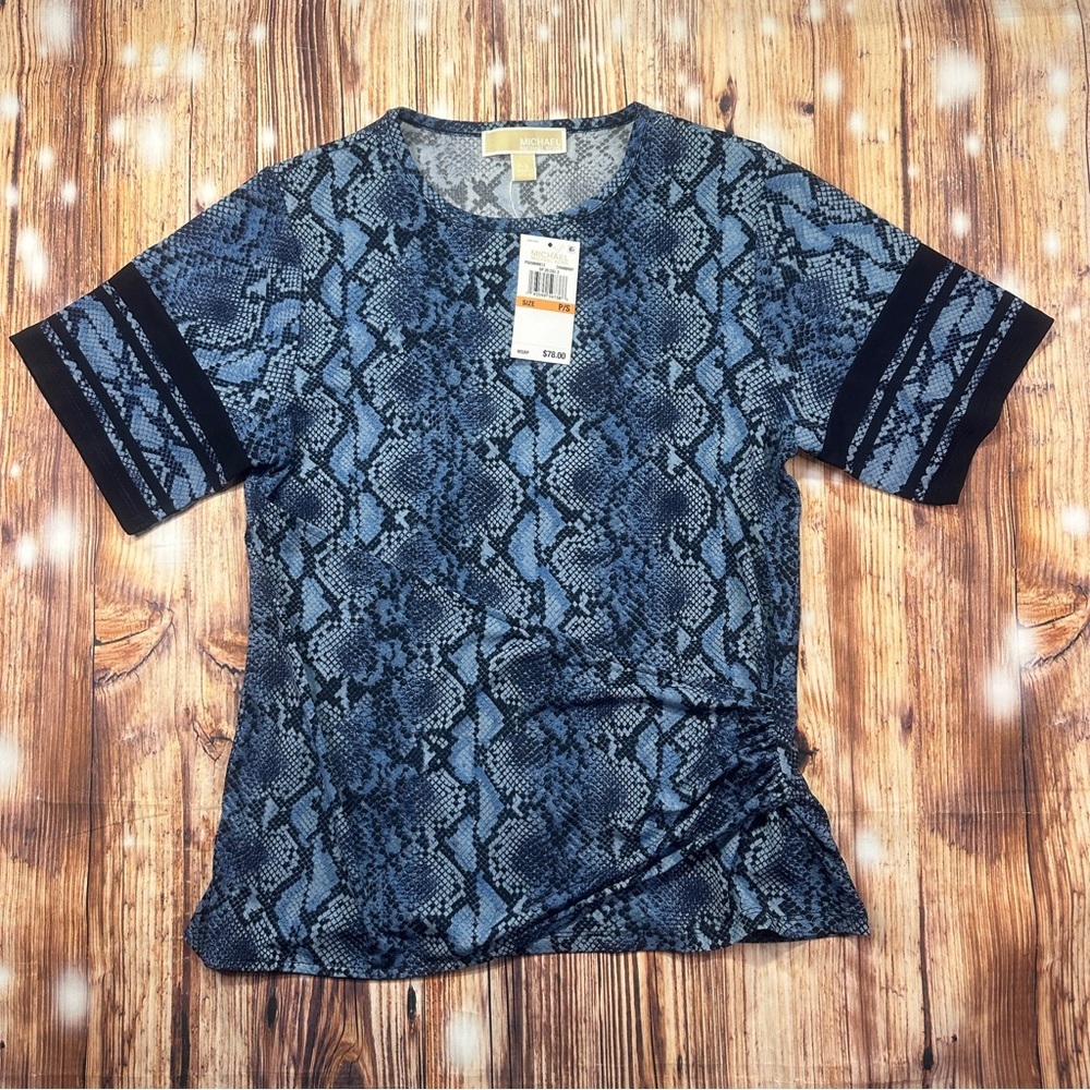 NWT MICHAEL Michael Kors Snake Python Print Faux Wrap Top Chambray Size P/S